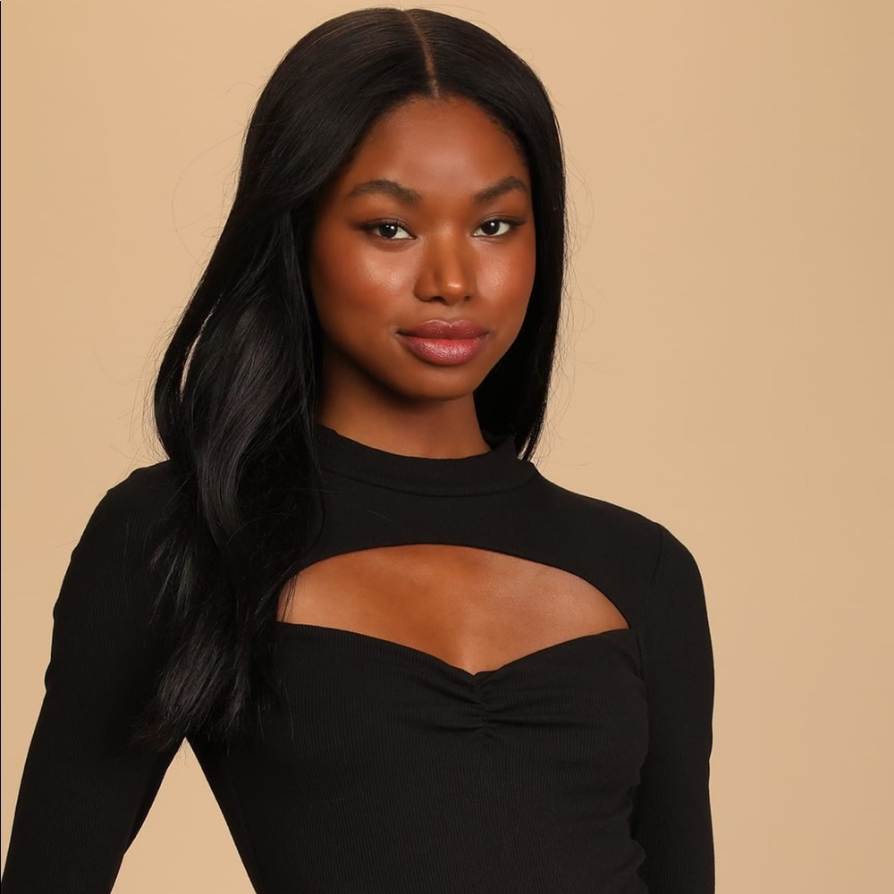 Lulu’s Flirty Factor Black Ribbed Long Sleeve Cutout Bodysuit